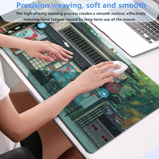 Kawaii Anime Cat Gaming Desk Mat Pad, Vibrant Green, XL 31.5"x15.7" | Mouse & Keyboard Pad, Stitched Edge, For Home Office & Computer Gaming Setup