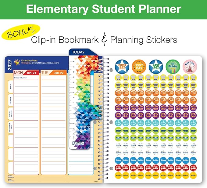 Global Datebooks 2026-2027 Elementary Student Planner 8.5" x 11" - Dated Weekly & Monthly Academic Planner with Ruler/Bookmark & Stickers, Ideal for Homework, Matrix Style, Rainbow Watercolors
