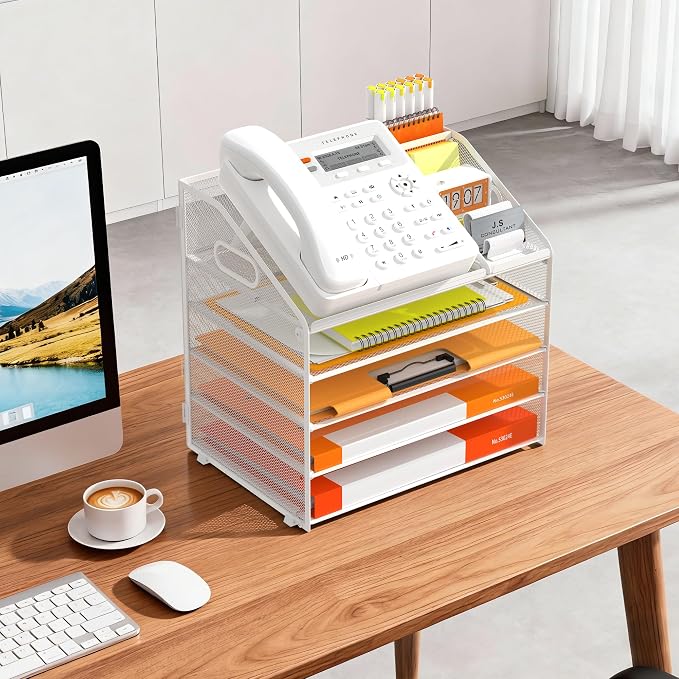 DocNest 5 Tier Metal Mesh Letter Tray - Space Saving Desk File Organizer with Handle, Pen Holder & Folder Holder - Desktop Document Sorter for Office, Home, School, Classroom - White