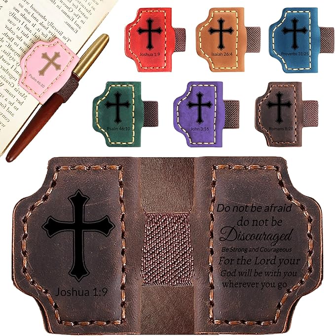 Personalized Leather Bookmark with Pen Holder - Magnetic Bible Verse Design, Christian Book Lovers Reading Accessory, for Book Lovers Men Women (Coffee, Joshua 1:9)