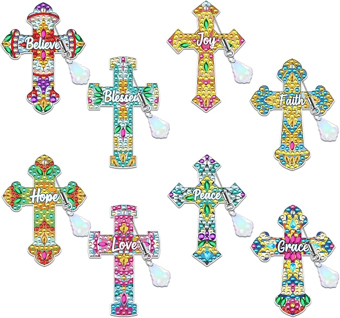 Cross Diamond Art Bookmark Kit: 8 Pcs Christian Bookmarks with Pendant, Spiritual Diamond Painting Book Mark Gifts for Reading Lovers DIY Crafts