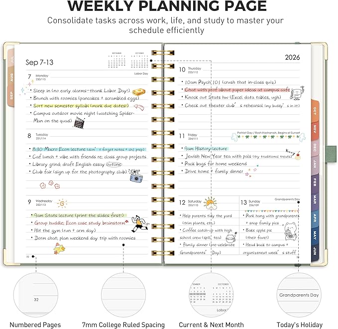RETTACY Academic Planner 2026-2027, Weekly and Monthly, July 2026 - June 2027, Medium Size (5.7" x 8.3"), Calendar, Agenda, 12-Month Tabs, Hardcover, for Student, Teacher, School (Light Green)