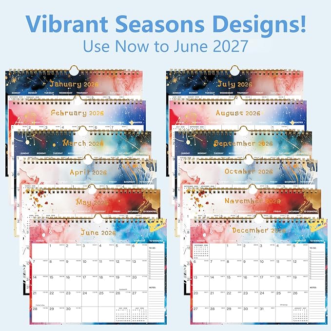 2026-2027 Wall Calendar - Includes January 2026 to June 2027, 18-Month Paper Wall Calendar 11 x 8.5 Inches.Thick Paper with Julian Dates and Block for New Year and Christmas Holidays To-dos ＆ Notes (I)
