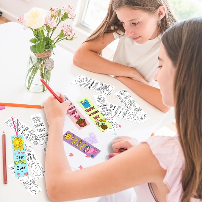 BWkoss Mother's Day Color Your Own Bookmarks for Kids -75Pcs Happy Mother's Day DIY Coloring Bulk Blank Bookmark Classroom Art Craft Supplies for Student Mother's Day Holiday Party Goodie Fillers