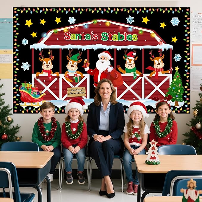 Geyoga Christmas Bulletin Board Decorations Set Santa's Stable Reindeer Christmas Winter Classroom Decorations Door Wall Holiday Light Bulb Elk Bulletin Boards Cutouts Borders School Office Supplies