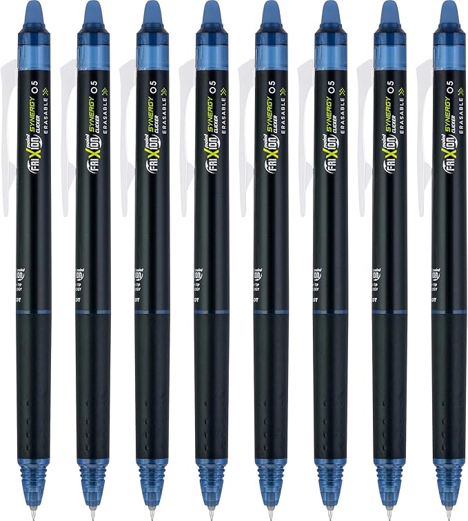 Pilot FriXion Synergy Clicker Erasable, Refillable, Retractable Gel Ink Pens, Extra Fine Point 0.5 mm, Pack of 8, Navy Ink, FriXion Erasable Pens 0.5 - Ideal for School & Office Writing