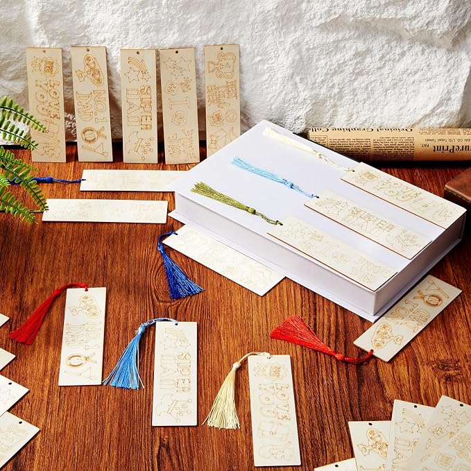 AmazingSpark 100 Pcs Father's Day Wood Bookmarks Bulk DIY Crafts Kit, 50 Set Blank Coloring Bookmarks with Tassel for Dad Grandpa Father's Day Gifts Classroom Activity Party Favor