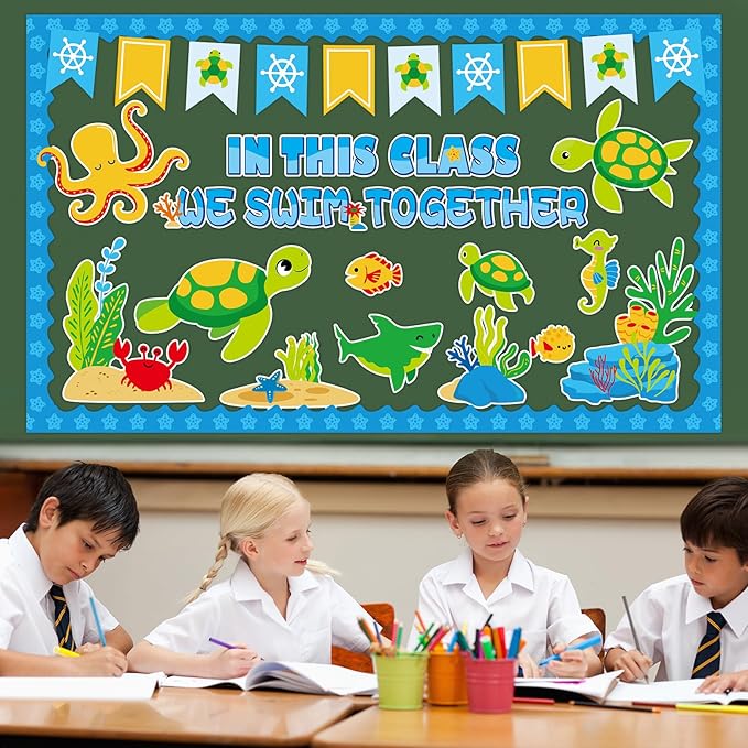 QOUBAI Sea Turtle Bulletin Board Set Ocean Themed Classroom Bulletin Board Decorations Under The Sea Turtle Cutouts Classroom Decorations for Back to School Office Home Chalkboard Decor Wall Door