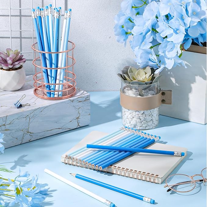 24 Pcs Round Pencils with Eraser 2 HB Cute Pencils Bulk for School Graphite Wood Color Unsharpened Pencil for Drawing Sketching Wedding School Teacher Supplies Student Reward(Blue)