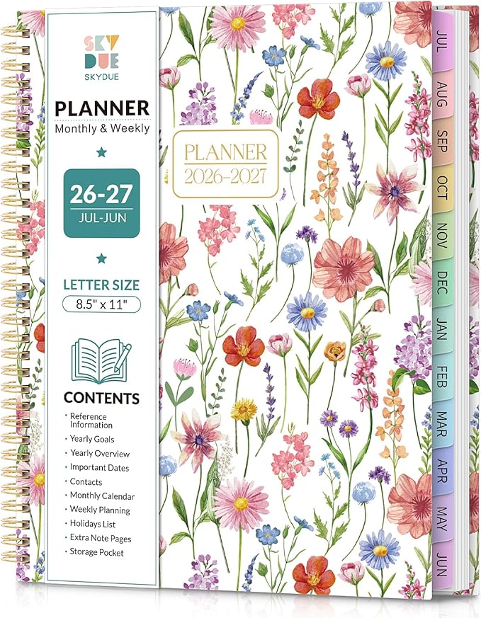 SKYDUE 2026-2027 Monthly and Weekly Academic Planner, July 2026-June 2027, 8.5"x11", Agenda Calendar with Colorful Tabs and Storage Pocket, Ideal for School Office Supplies
