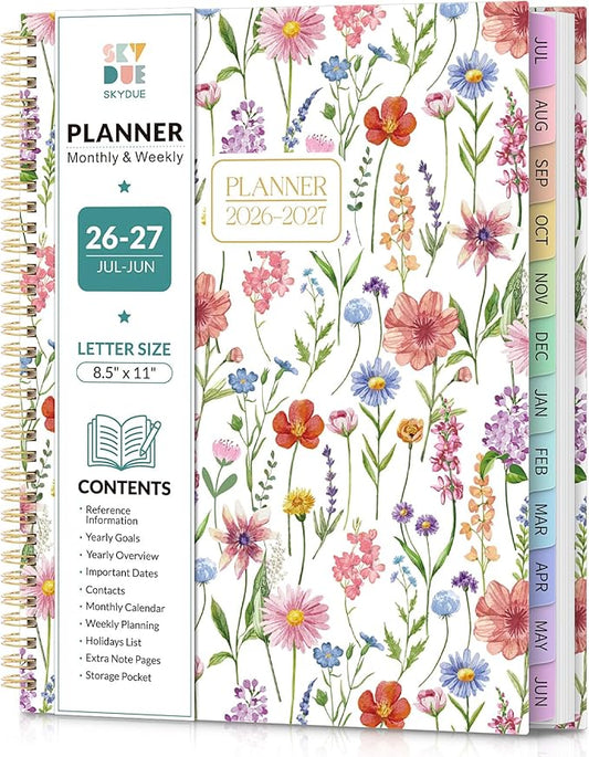 SKYDUE 2026-2027 Monthly and Weekly Academic Planner, July 2026-June 2027, 8.5"x11", Agenda Calendar with Colorful Tabs and Storage Pocket, Ideal for School Office Supplies