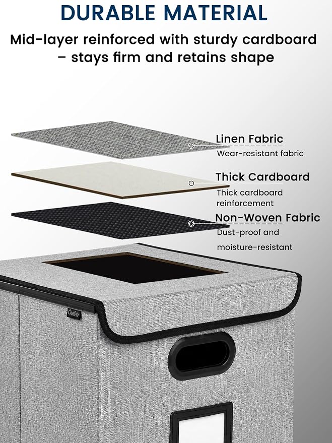 Qerlei File Organizer Boxes with Lids,Collapsible File Folder Organizer with Plastic Slide,Collapsible Filing & Storage Boxes for Office/Decor/Home (Grey, 1 Pack)