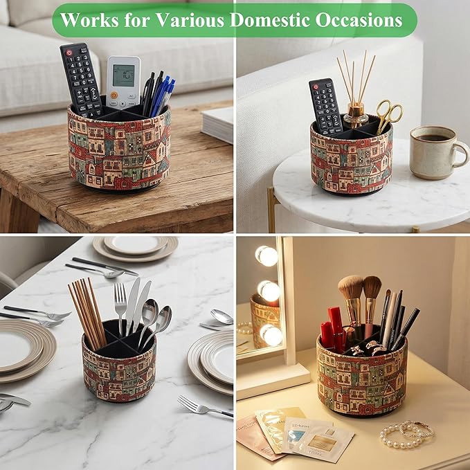 Round Leather Art Supply Organizer,Remote Control Holder,360 Degree Spinning,Multi-Functional Pencil Holder,4 Compartments Desktop Stationary Organizer(1-Red House)
