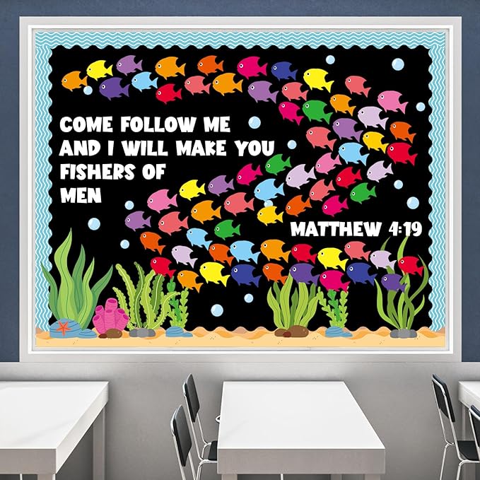 Fishers of Men Bulletin Board Classroom Decorations Christian Religious Bible Bulletin Board Sets Fish Paper Cutouts for Jesus Church Sunday Summer VBS Back to School Teacher Chalkboard Wall Supplies