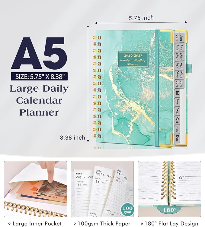 Planner 2026-2027, 18 Months Weekly and Monthly Hardcover Planner, January 2026 - June 2027, 5.75" x 8.38" A5 Daily Calendar Planner Book with Tabs, Spiral Yearly Agenda Organizer Notebook for School Work Home, Teal Marble