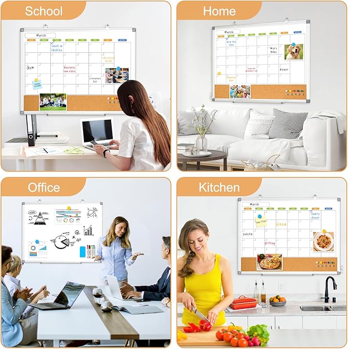 Dry Erase Calendar Whiteboard for Wall, WALGLASS 36" x 24" Double-sided Monthly Calendar White Board Cork Combo, Hanging Wall Mounted Bulletin Corkboards Silver Aluminum Frame for Home, Office, School