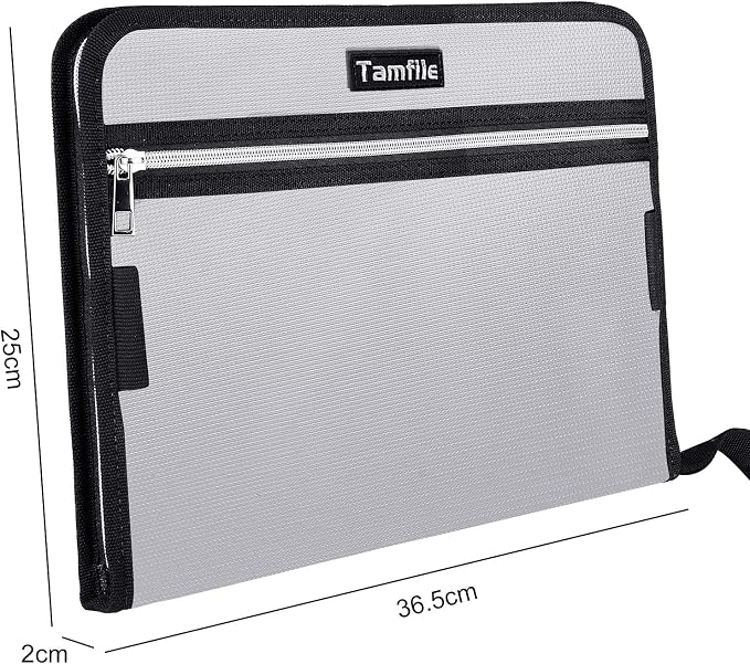 Fireproof Safe Waterproof Accordion File Bag Folder Expanding Filing Folder with 14 Multicolored Pockets, A4 Letter Size, Document Organizer Holder and Color Labels /2 Zipper (Silver 14.3" x 9.8")