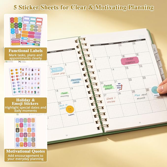 JoyCat Academic Planner 2026-2027, July 2026 - June 2027, A5 Weekly & Monthly Planner, Hardcover Agenda with Tabs, 5 Sticker Sheets, Elastic Closure & Pocket for Teachers & Students, 6.3" x 8.5", Green