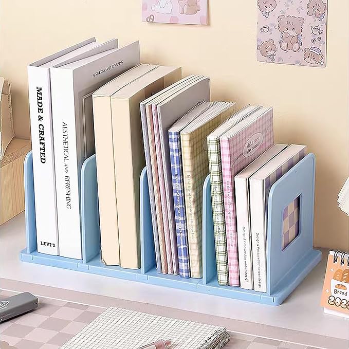 SAYEEC Desk File Sorter Vertical Desktop File Folder Organizer 4 Section Plastic Book Holder Adjustable Shelf Dividers Closet Purse Handbag Mail Binder Organizer Magazine Rack Stand Bookshelf (Blue)
