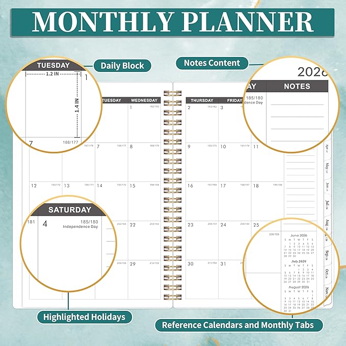 2026-2031 Monthly Planner - 5 Year Planner/Calendar 2026-2031 Spiral Bound, July. 2026 - June. 2031, 6.3" x 8.4", Twin-Wire Binding + Tabs - Green