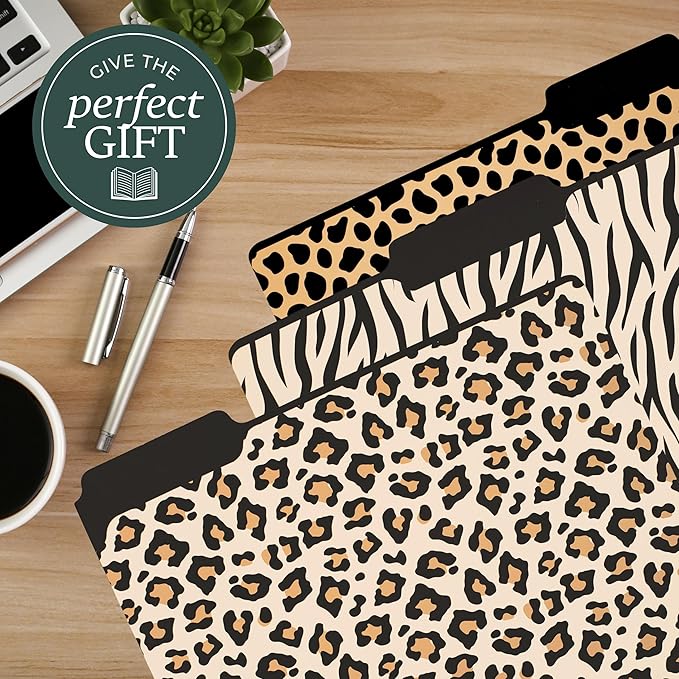 Steel Mill & Co Thick Sturdy File Folders Decorative, Set of 9 File Folders with Tabs and Sticker Labels, Cute Colored File Folders Letter Size, Leopard