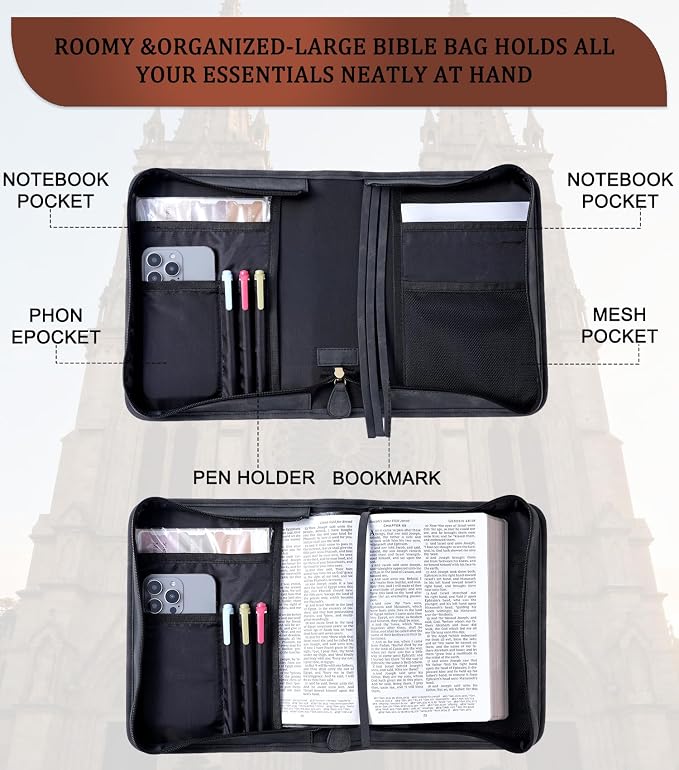 Vegan Leather Bible Cover for Men & Women, Bible Case with Gift Box, Christian Catholic Religious Bible Gifts (Black)