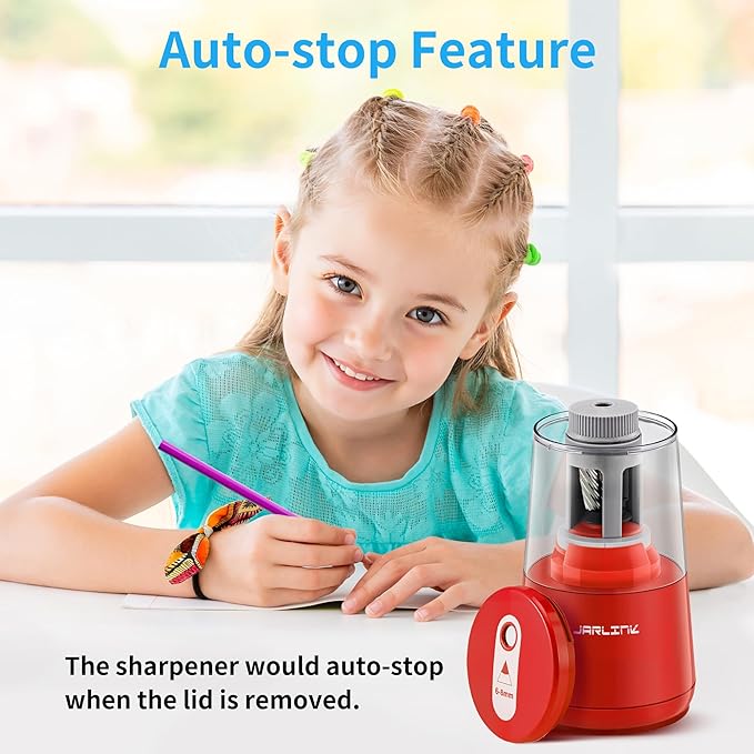 JARLINK Electric Pencil Sharpener, Heavy-Duty Helical Blade to Fast Sharpen, Auto Stop for No.2/Colored Pencils(6-8mm), AC Adapter/Battery Operated in School Classroom/Office/Home (Red)