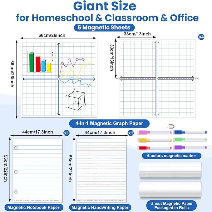 Giant Magnetic Graph Grid XY Coordinate Paper for Whiteboard Dry Erase Magnetic Lined Notebook Handwriting Paper Magnets with 6 Writing Pen for Teacher Math Classroom Must Have