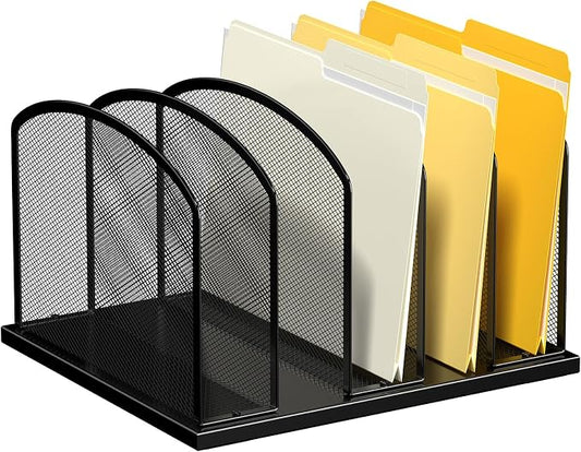 Gawerk Large Size Desk File Organizer, Metal Mesh Vertical Desktop File Holder, 5-Section file organizer for Desk Home Office Black