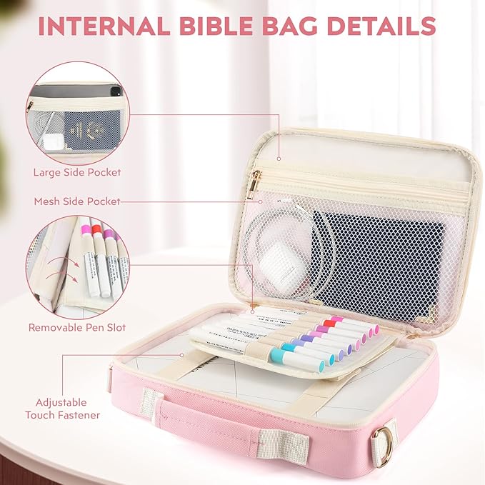 Bible Cover Case for Women Grils, Preppy Bible Bag with Adjustable Shoulder Strap, Waterproof Bible Carrying Tote Bags Holder for Bible Study Supplies Accessories & Christian Gifts (Light Pink)