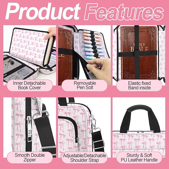 Pink Bow Bible Cover Case for Women Girls Cute Large Bible Bag with Handle Shoulder Strap Book Carrying Bags with Tabs 5 Pens 12 Highlighters Christian Church Study Supplies Accessories Gifts