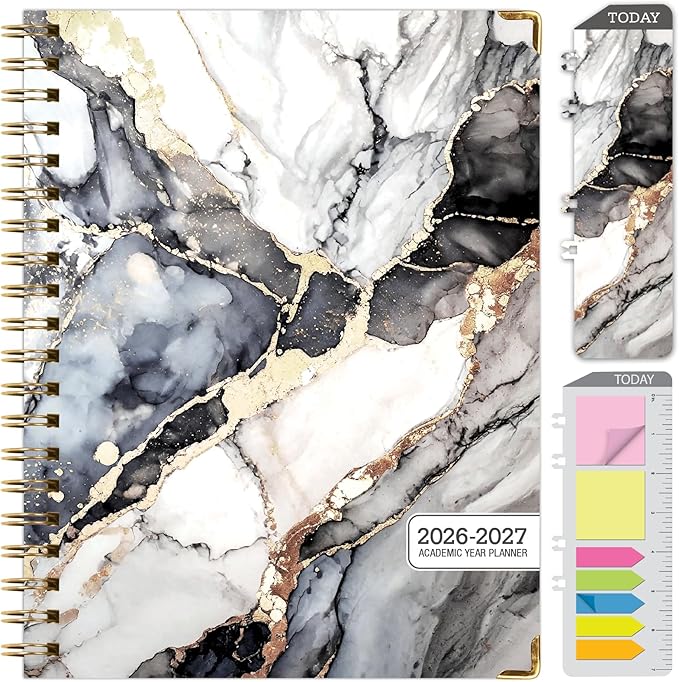 HARDCOVER Academic Year 2026-2027 Planner: 14 Months (May 2026 Through June 2027) 8.5"x 11" Daily Weekly Monthly Planner Yearly Agenda. Bookmark, Pocket Folder and Sticky Note Set (Black Gold Marble)