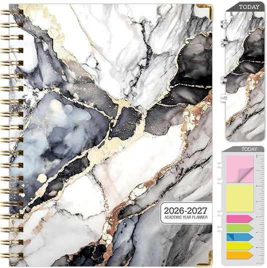 HARDCOVER Academic Year 2026-2027 Planner: 14 Months (May 2026 Through June 2027) 8.5"x 11" Daily Weekly Monthly Planner Yearly Agenda. Bookmark, Pocket Folder and Sticky Note Set (Black Gold Marble)