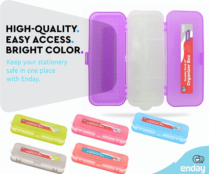 Enday Pencil Box Purple, Plastic Double Deck Pencil Case with 7 Compartments, Box Organizer with Snap Closure for Home and Office