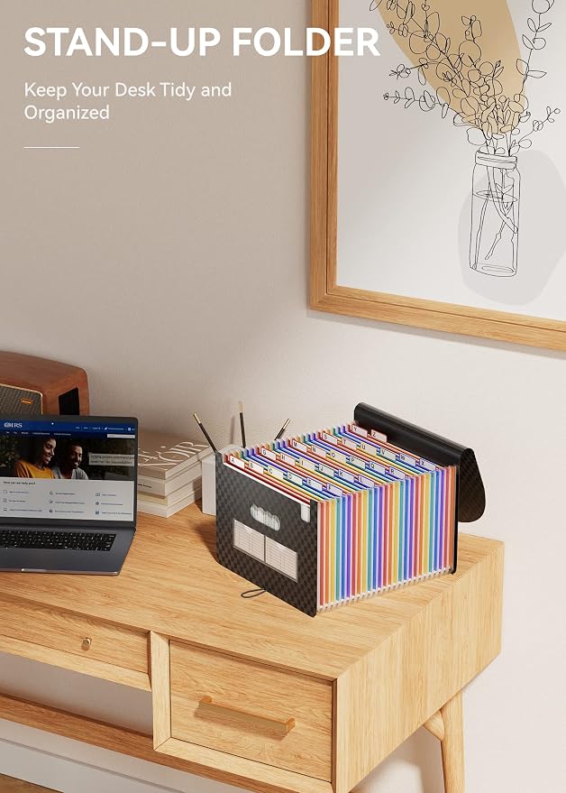 ABC life 26 Pockets File Organizer, Expanding File Folder A4 Letter Size, Portable Monthly Paper Bill Tax Receipt Organizer, Document Holder with Labels - Checkered Pattern