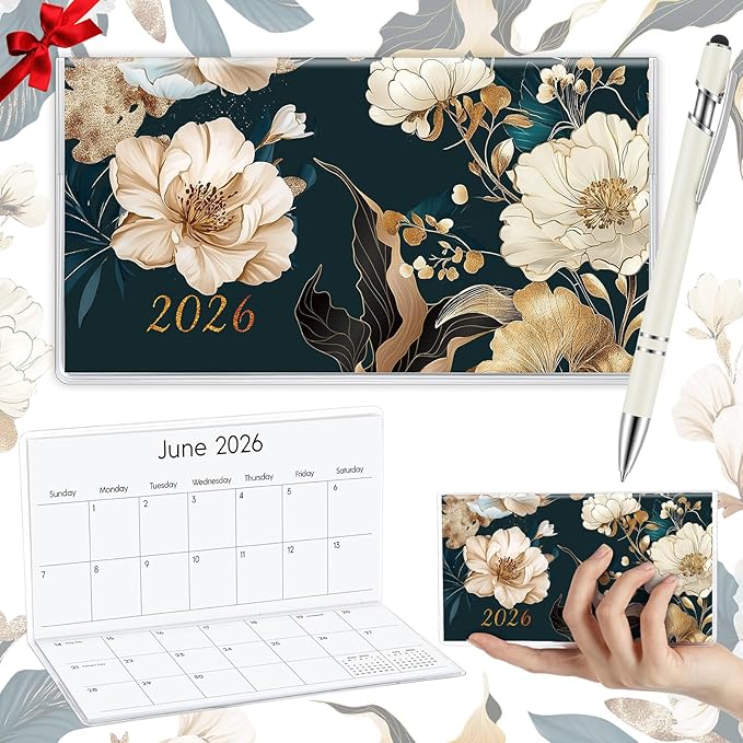 Gueevin 2026 Pocket Calendar for Purse with Pen Small Pocket Planner Handy Weekly Monthly Planner Journal Writing Notebook Valentine New Year Gift Sister Friend Women(Magnolia,Cream)