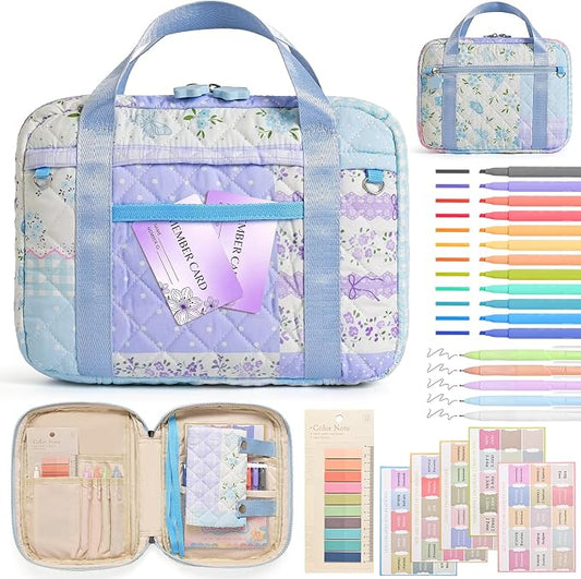 Quilted Bible Cover for Women, Zippered Bible Case with Handle, Bible Organizer Bag w/Multiple Pockets & Pen Slots Lightweight Bible Tote Bag for Church Study, Gifts for Women (Spliced Flower, Blue)