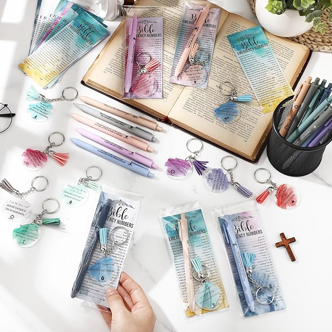 Feifeiya 25 Sets Mother's Day Christian Gifts Bulk Bible Verse Emergency Numbers Bookmarks Christian Pens Religious Keychain Church Welcome Gifts for Women(Ballpoint Pens)