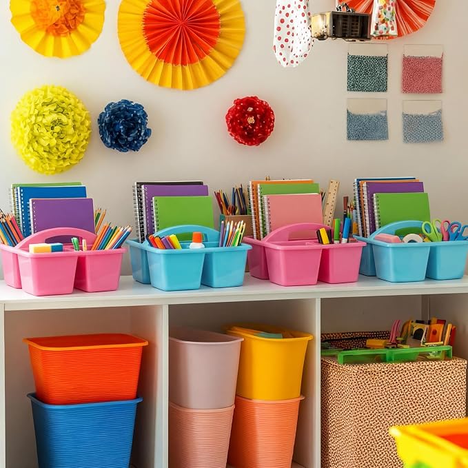 AceOrbit 4 Pack Pastel Classroom Caddy with Handle 9x9x5 Inch Pink Blue Plastic Classroom Desk Caddy Organizer with 3 Compartments for Pencil Crayon Marker Storage, Home Teacher Office School Supply