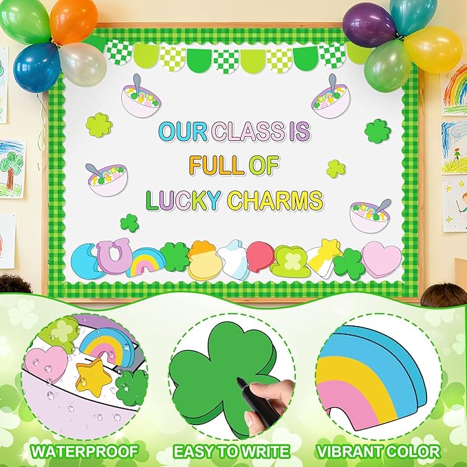 Whaline 87 Pcs St. Patrick's Day Bulletin Board Decoration Lucky Charm Funny Cartoon Shamrock Clover Paper Cutouts with 200 Pcs Glue Points for Irish Party Classroom Wall Decor