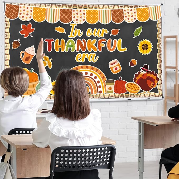 Thanksgiving Turkey Bulletin Board Decorations Pumpkin Maple Leaves Paper Cutouts in Our Thankful Era Bulletin Board Set Fall Party Supplies for Autumn School Chalkboard Wall Window Decoration Favor