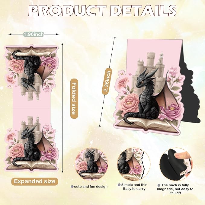 8 Pcs Cute Dragon Flower Magnetic Bookmark, Fantastic Floral Dragon Book Marks, Cool Adorable Animal Page Magnet Book Markers for Book Lovers School Student Teacher Reading Supplies Gift