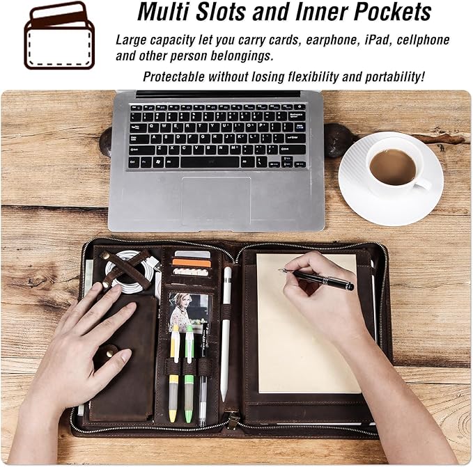 Top Grain Leather 11" Portfolio for Men & Women, Solid Vintage Design, Handmade, Large Capacity Multi-Functional Business Padfolio, Holder for Cards/iPad/Phone/Cable/A5 Paper, Coffee 11 Inch