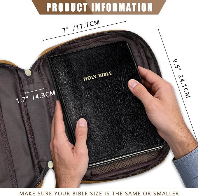 Jack&Chris Full Grain Leather Bible Covers, Church Bag Bible Protective Book Holder, Large Bible Cover for Men Women, Bible Carrying Case Folder Organizer with Handle, Christian Art Gifts, Brown