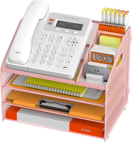 DocNest 4 Tier Metal Mesh Letter Tray - Space Saving Desk File Organizer with Handle, Pen Holder & Folder Holder - Desktop Document Sorter for Office, Home, School, Classroom - Pink