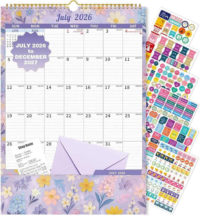 Ospelelf Wall Calendar 2026-2027 with Storage Pockets, 17" X 12" Monthly Large Planner Pad with Protective Cover and Stickers, for Family Fridge Office Teacher Student, Use July 2026 to December 2027 Artistic Floral
