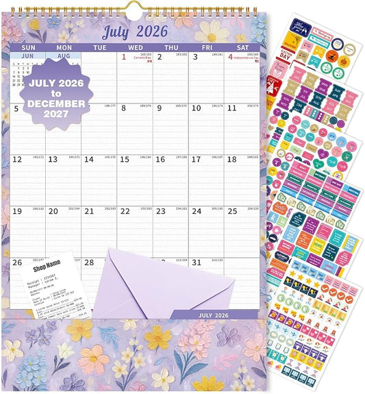 Ospelelf Wall Calendar 2026-2027 with Storage Pockets, 17" X 12" Monthly Large Planner Pad with Protective Cover and Stickers, for Family Fridge Office Teacher Student, Use July 2026 to December 2027 Artistic Floral