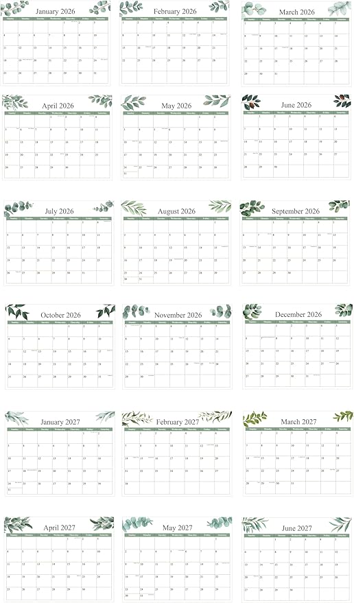 Calendar 2026 - Wall Calendar 2026-2027 from January 2026 to June 2027, 2026 Wall Hanging Calendar Planner with Thick Paper, 12" x 14.5", Leaf