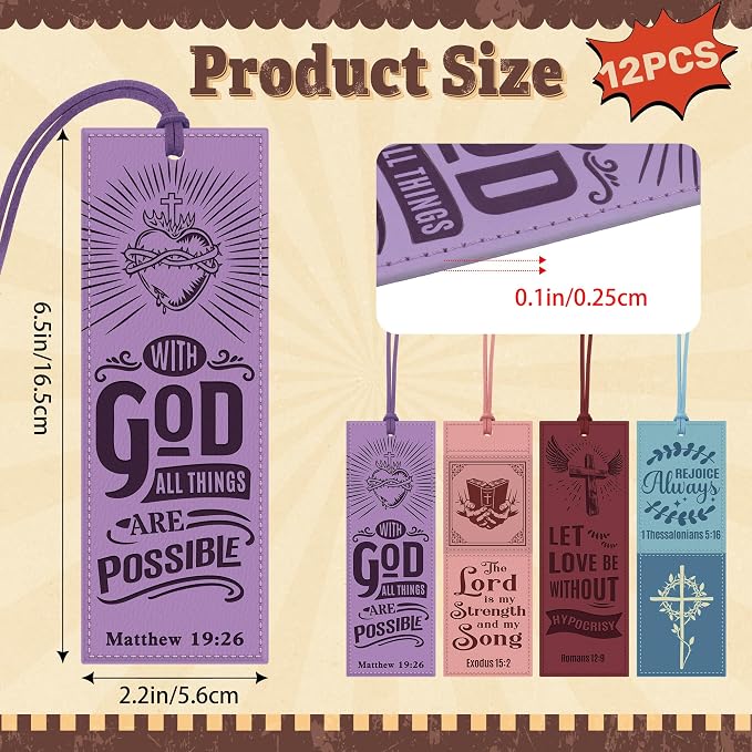 12PCS Leather Bookmark Bible Bookmarks for Reading Women Men Teacher Book Lovers Gifts, Vintage Religious Christian Bookmark Page Markers Inspirational Bible Verse Scripture Book Marks (Morandi,)