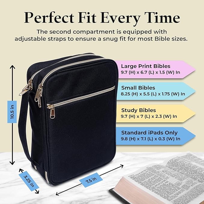 S.F. Creations Premium Bible Carrying Case – Premium Bible Case for Women with Adjustable Straps, Dual Compartments, Extra Pockets for Pens, Book Cover for Teens & Kids, Black w/Gold Zipper Full Kit